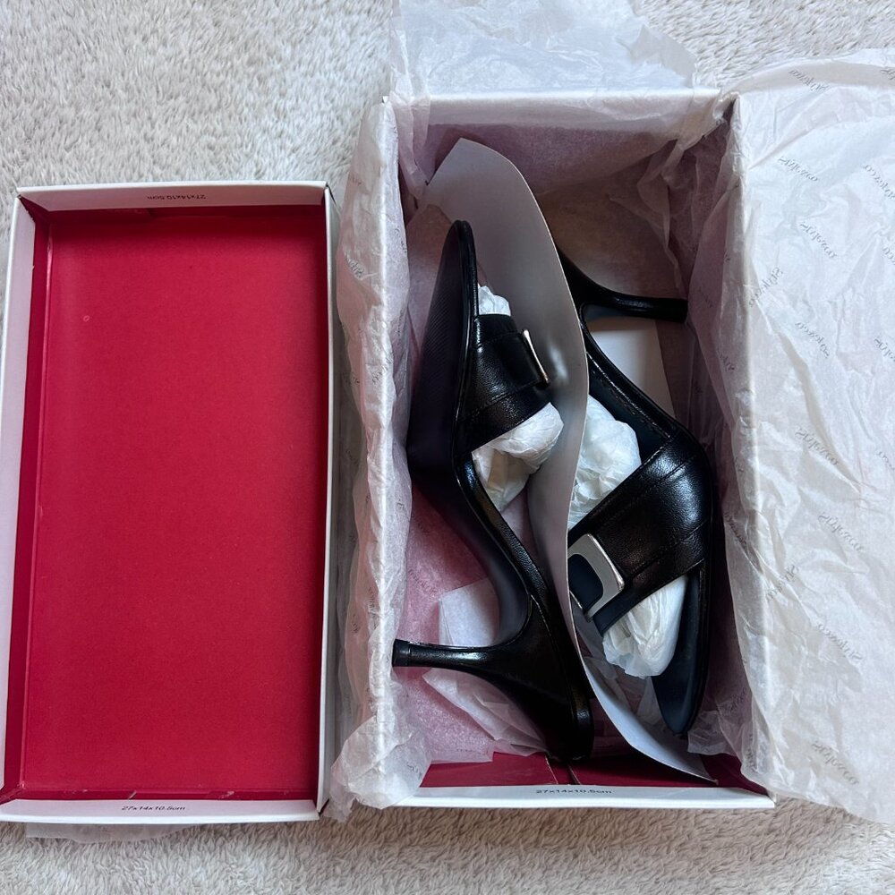 Style & Co. Women’s Black Slip-On Heels Sandals – Buckle Accent – Classic & Chic